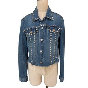 Veronica Beard Cara Cropped Jean Denim Rhinestone Studded Jacket